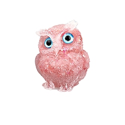 Розовый Кварц Смола украшения дома дисплей, с натуральным розовым кварцем, сова, случайный цвет глаз, 60x50x42 мм