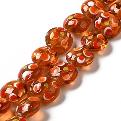 Corail Brins de perles à chalumeau manuels, plat rond, corail, 12~14x12.5~13.5x7~8.5mm, Trou: 1.5mm, Environ 33 pcs/chapelet, 16.46 pouce (41.8 cm)