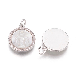 Platinum Brass Pendants, with Micro Pave Cubic Zirconia, Shell and Jump Rings, Flat Round with Virgin Mary, Clear, Platinum, 17.5x15x3mm, Hole: 3mm