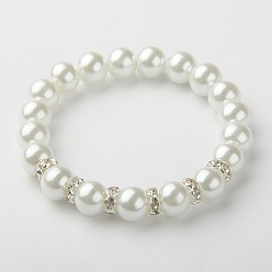 White Glass Pearl Beads Stretch Bracelets, with Brass Rhinestone Beads, Silver Color Plated, White, 55mm