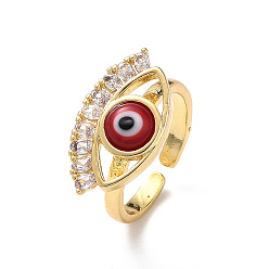 Red Lampwork Evil Eye Open Cuff Ring with Clear Cubic Zirconia, Real 18K Gold Plated Brass Jewelry for Women, Red, Inner Diameter: 17mm