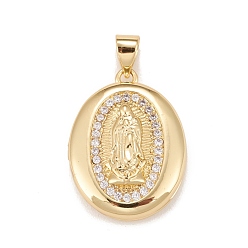 Clear Brass Micro Pave Cubic Zirconia Locket Pendants, Photo Frame Charms for Necklaces, Real 18K Gold Plated, Lead Free & Cadmium Free, Oval with Saint, Clear, 22.5x17x5mm, Hole: 4x3mm, Inner Diameter: 15x12mm