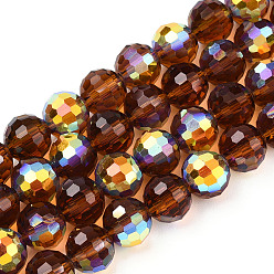 Saddle Brown Transparent Electroplate Glass Beads Strands, Faceted, Half AB Color Plated, Round, Saddle Brown, 8x7~7.5mm, Hole: 1.0mm, about 71~72 pcs/strand, 20.20~21.85 inch(51.3~55.5cm)