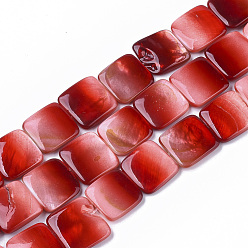 Red Spray Paint Freshwater Shell Charms, Square, Red, 14.5~15.5x14.5~15.5x2.5~4mm, Hole: 1mm, about 26pcs/Strand, 14.80 inch~15.47 inch