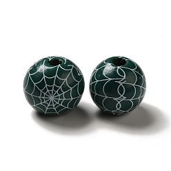 Dark Green Halloween Printed Spider Webs Colored Wood European Beads, Large Hole Beads, Round, Dark Green, 16mm, Hole: 4mm
