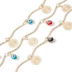 Colorful Handmade Eco-friendly Brass Curved Bar Link Chain, with Flower & Glass Horse Eye Charms, Real 18K Gold Plated, Lead Free & Cadmium Free, Soldered, with Spool, Colorful, 18x1x1mm