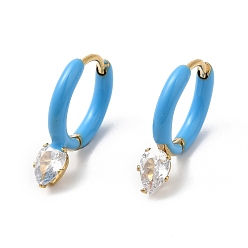 Deep Sky Blue Glass Teardrop Dangle Hoop Earrings with Enamel, Real 14K Gold Plated 304 Stainless Steel Jewelry, Deep Sky Blue, 20x15x4.5mm, Pin: 1mm
