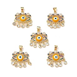 Gold Lampwork Evil Eye Pendants with Colorful Cubic Zirconia, Real 18K Gold Plated Brass Findings, Lead Free & Cadmium free, Gold, 27x22.5x4.5mm, Hole: 4x3.5mm