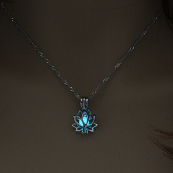 Cyan Alloy Lotus Cage Pendant Necklace with Synthetic Luminaries Stone, Glow In The Dark Jewelry for Women, Cyan, 17.72 inch(45cm)