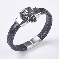 Black Men's Braided Leather Cord Bracelets, with 304 Stainless Steel Findings and Matte Magnetic Clasps, Tiger Head, Black, 8-1/4 inch~8-5/8 inch(210~220mm)
