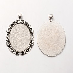Antique Silver Tibetan Style Alloy Oval Pendant Cabochon Settings, Cadmium Free & Lead Free, Antique Silver, 58x38x2mm, Hole: 5x7mm, Tray: 30x40mm, about 108pcs/kg