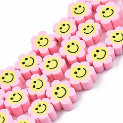 Pink Handmade Polymer Clay Bead Strands, Flower with Smile, Pink, 8~10x8~10x4~5mm, Hole: 1.2~1.6mm, about 38~40pcs/strand, 12.99 inch~15.94 inch(33~40.5cm)