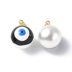 Black Shell Enamel Pendants, with Real 18K Gold Plated Brass Findings, Long-Lasting Plated, Round with Evil Eye Charm, Black, 20x16x17mm, Hole: 3.5x4.5mm