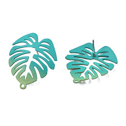 Dark Turquoise Spray Painted Iron Stud Earring Findings, with Horizontal Loops, Monstera Leaf, Dark Turquoise, 28.5x24mm, Hole: 1.4mm, Pin: 0.7mm