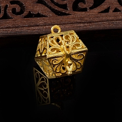 Golden Alloy Bead Cage Pendants, Hexagon Hollow Cage Charms, Golden, 25x22mm