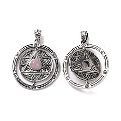 Rose Quartz Natural Rose Quartz Pendants, Flat Round with Hexagram Charms, with Antique Silver Plated Alloy Findings, 42.5x37x8mm, Hole: 5.5x4mm