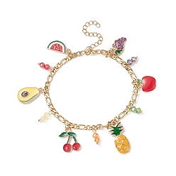Coloré Bracelet à breloques en émail alliage pastèque & avocat & ananas & cerise, bracelet thème fruits avec 304 chaînes figaro en acier inoxydable pour femme, colorées, 7-1/4 pouce (18.5 cm)