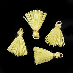 Yellow Polycotton(Polyester Cotton) Tassel Pendant Decorations, Mini Tassel, with Iron Findings and Metallic Cord, Light Gold, Yellow, 10~15x2~3mm, Hole: 1.5mm