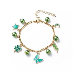 Green Alloy Enamel & Glass Pearl Charm Bracelet with 304 Stainless Steel Chains for Women, Green, Pendant: 11~20x7.5~16x1.5~8mm, 7-1/2 inch(19cm)
