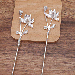 Silver Iron Hair Stick Findings, with Alloy Cabochons Settings, Lotus, Silver, Tray: 10mm and 14x10mm, 181x34x15.5mm