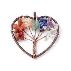 Mixed Stone 7 Chakra Heart Natural Mixed Stone Copper Wire Wrapped Chip Big Pendants, Tree of Life Charm, with Red Copper Tone Iron Findings, 53x52x8mm, Hole: 6.2mm