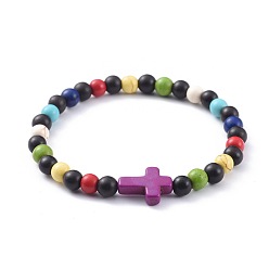 Colorful Natural Sandalwood Beads Stretch Bracelets, with Synthetic Turquoise(Dyed) Beads, Cross, Colorful, 2-1/4 inch(5.6cm)