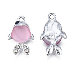 Perlas de Color Rosa Colgantes de aleación de chapado uv, con ojo de gato y strass de cristal, Platino, sin plomo y cadmio, pescado, rosa perla, 23x13.5x5 mm, agujero: 2 mm