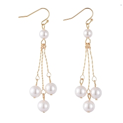 Golden Dangle Earrings, with Shell Pearl Beads, Golden Plated Brass Earring Hooks and Copper Wire, Golden, 70mm, Pin: 0.7mm