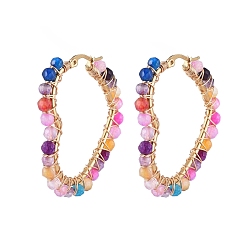 Mixed Stone 201 Stainless Steel Hoop Earrings, Beaded Hoop Earrings, with Natural Agate Beads, Heart, Golden, 46x43x4.5mm, Pin: 1x0.6mm