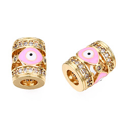 Pearl Pink Brass Micro Pave Cubic Zirconia Beads, with Enamel, Real 18K Gold Plated, Column with Evil Eye, Nickel Free, Pearl Pink, 11.5x9.5mm, Hole: 4.5mm