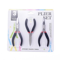 Black Carbon Steel Jewelry Pliers Sets, Polishing, Flat Nose, Round Nose Pliers and Wire Cutter, Black, Gunmetal, 12.2~13cm