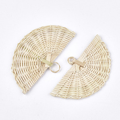 Antique White Handmade Reed Cane/Rattan Woven Pendants, For Making Straw Earrings and Necklaces, Fan, Antique White, 50~60x95~110x5~6mm, Hole: 7~11mm