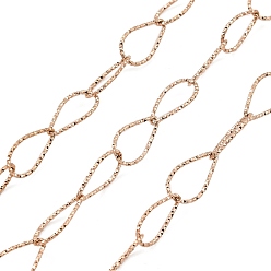 Rose Gold Ion Plating(IP) Handmade 304 Stainless Steel Textured Teardrop Link Chains, Soldered, with Spool, Rose Gold, 16x9x1mm, about 16.40 Feet(5m)/Roll