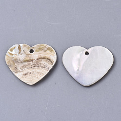 Tan Natural Akoya Shell Pendants, Mother of Pearl Shell Pendants, Heart, Tan, 22x25x2~3mm, Hole: 1.8mm