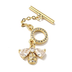 Golden Rack Plating Brass Micro Pave Clear Cubic Zirconia Toggle Clasps, Cadmium Free & Lead Free, Long-Lasting Plated, Bee, Golden, 42mm, Bar:16x5mm, Bee: 10.5x14mm, Ring: 9x9mm