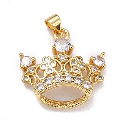Real 18K Gold Plated Brass Micro Pave Clear Cubic Zirconia Pendants, Crown, Real 18K Gold Plated, 25x24x6mm, Hole: 4.5x3.5mm