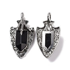 Obsidian Natural Obsidian Faceted Big Pendants, Dragon Claw with Arrow Charms, with Antique Silver Plated Alloy Findings, 55x27.5x10.5mm, Hole: 6mm