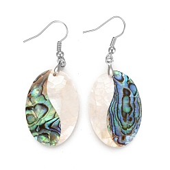 Platinum White Shell & Abalone Shell/Paua Shell Dangle Earrings, with Brass Ice Pick Pinch Bails and Earring Hooks, Oval, Platinum, 52.5mm, Pin: 0.7mm
