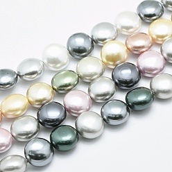 Mixed Color Shell Pearl Beads Strands, Polished, Flat Round, Mixed Color, 14x9~10mm, Hole: 1mm, about 27~29pcs/strand, 15.3 inch~16.1 inch(39~41cm)