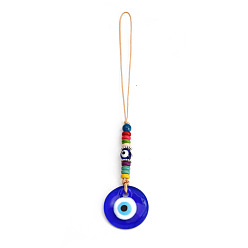 Royal Blue Flat Round with Evil Eye Glass Pendant Decorations, with Random Color Wooden Beads, Polyester Braided Hanging Ornament, Royal Blue, 155mm
