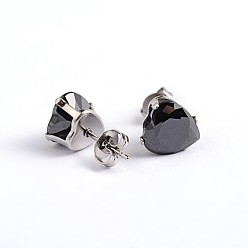 Black Heart 304 Stainless Steel Cubic Zirconia Stud Earrings, Black, 6x6mm, Pin: 0.9mm