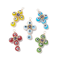 Mixed Color Brass Wire Wrapped Handmade Evil Eye Lampwork Pendants, with Glass Beads, Cross Charm, Mixed Color, 40x24x8.5mm, Hole: 3mm, 5pcs/set