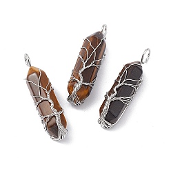 Tiger Eye Natural Tiger Eye Copper Wire Wrapped Pendants, Faceted Bullet Charms, Platinum, 49x14.5x11.5mm, Hole: 5mm