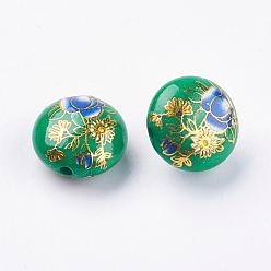 Green Flower Printed Resin Beads, Flat Round, Green, 16.5x9mm, Hole: 2mm