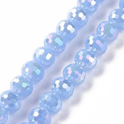 Cornflower Blue Electroplate Imitation Jade Glass Beads Strands, AB Color Plated, Faceted(96 Facets), Round, Cornflower Blue, 7~8mm, Hole: 1.2~1.4mm, about 68~70pcs/strand, 19.69''(50cm)