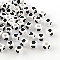 Noir Perles européennes opaques acrylique, grandes perles de cube de trous, avec un motif de coeur, noir, 7x7x7mm, trou: 4 mm, environ 1900 pcs / 500 g