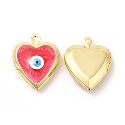 Red Brass Enamel Locket Pendants, Real 18K Gold Plated, Long-Lasting Plated, Heart with Evil Eye, Red, 21x17x5mm, Hole: 1.4mm, Inner Diameter: 9.5x10mm