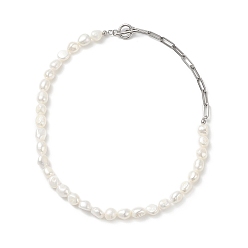 Color de Acero Inoxidable Collar de cuentas de perlas barrocas naturales con 304 cadenas de clip de acero inoxidable para mujer, color acero inoxidable, 17-5/8 pulgada (44.8 m)