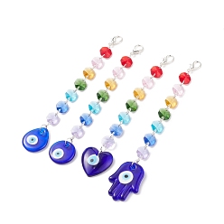 Mixed Color Handmade Lampwork Evil Eye Pendants Decoration, Octagon Electroplate Glass Beaded Suncatchers, with Zinc Alloy Lobster Claw Clasps, Teardrop/Flat Round/Heart/Palm, Mixed Color, 190~208mm