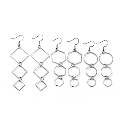 Stainless Steel Color 304 Stainless Steel Dangle Earrings, with Linking Rings, Square/Ring/Hexagon, Stainless Steel Color, 71~88mm, Pin: 0.6mm
